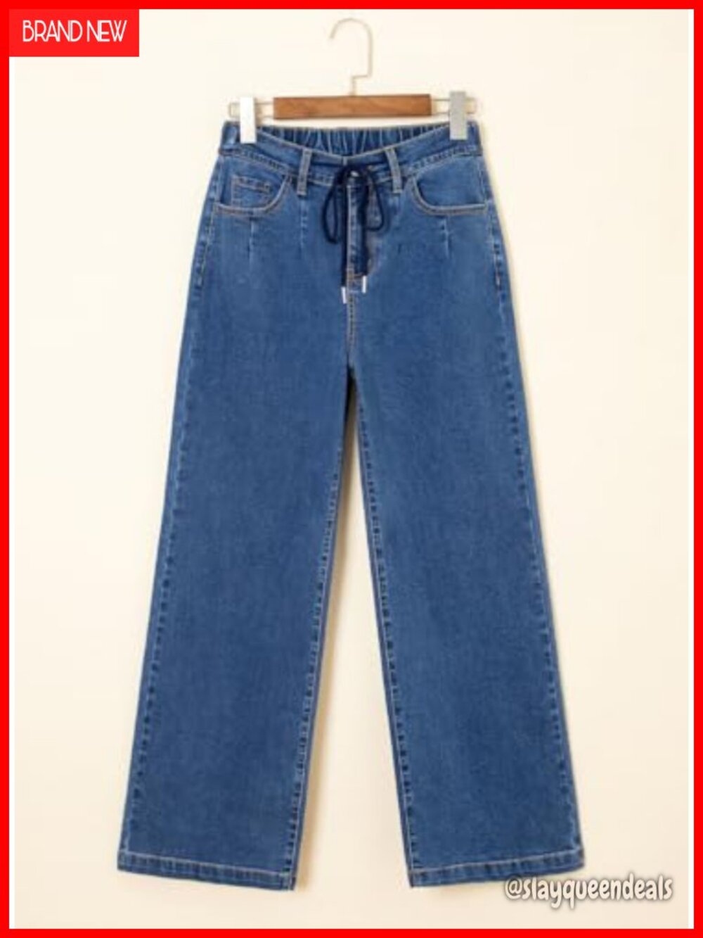 Wide Leg High Waisted Baggy Drawstring Denim Jeans Stretchy Elastic Waist - Picture 4 of 6